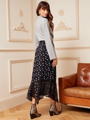 Love & Roses Black Flocked Devore Hanky Hem Velvet Midi Skirt - Image 4 of 4