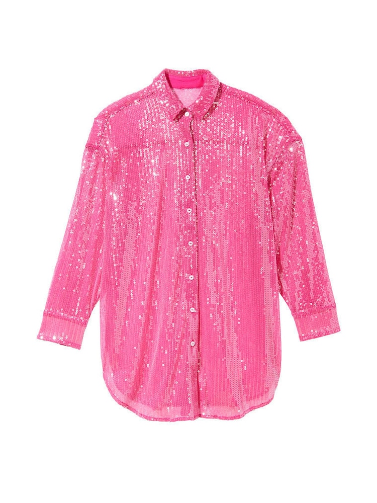 Victoria's Secret Forever Pink Sequin Mesh Boyfriend Shirt - Image 3 of 3