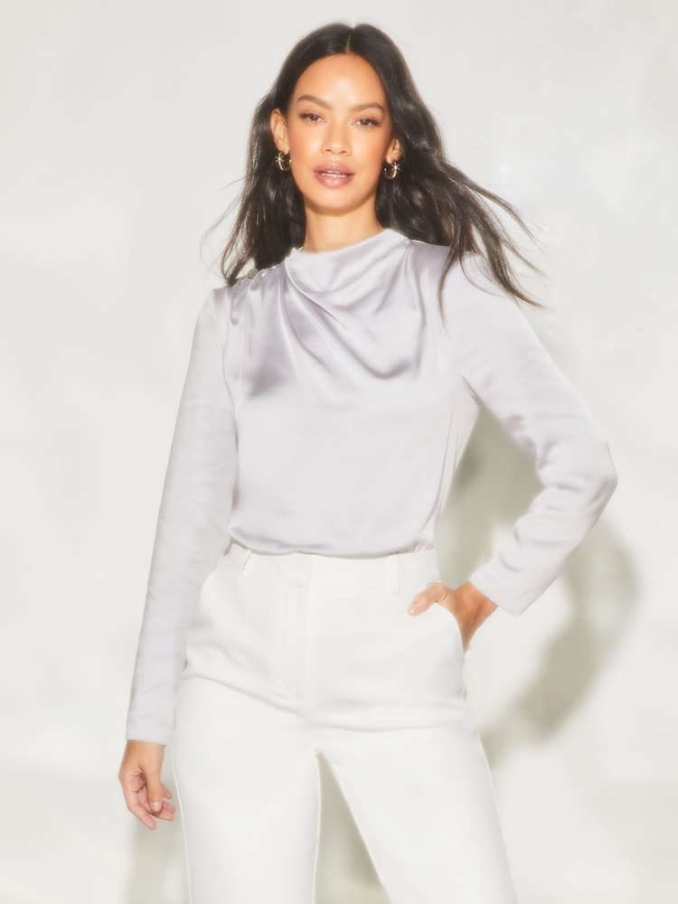 Lipsy Silver High Neck Drape Button Long Sleeve Blouse - Image 1 of 1 Lipsy Silver High Neck Drape Button Long Sleeve Blouse - Image 1 of 1