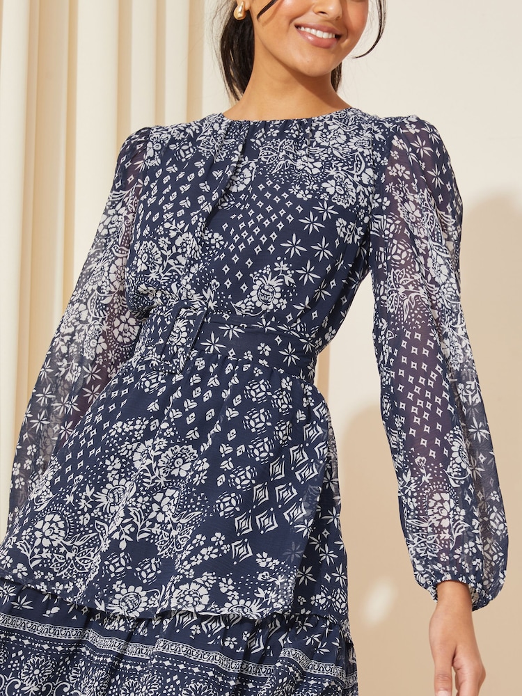 Friends Like These Navy Blue Chiffon Tiered Belted Mini Dress - Image 2 of 4 Friends Like These Navy Blue Chiffon Tiered Belted Mini Dress - Image 2 of 4