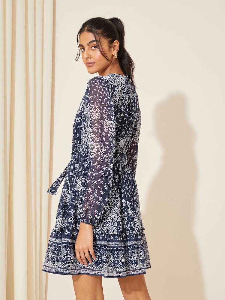 Friends Like These Navy Blue Chiffon Tiered Belted Mini Dress - Image 4 of 4 Friends Like These Navy Blue Chiffon Tiered Belted Mini Dress - Image 4 of 4