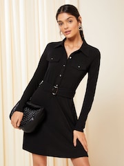 Friends Like These Black Belted Long Sleeve Mini Button Through Shirt Dress - Image 1 of 4