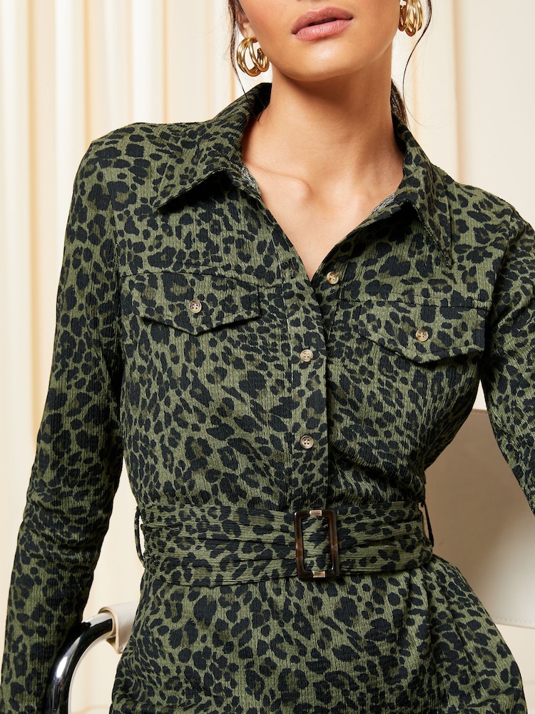 Friends Like These Khaki Belted Long Sleeve Mini Button Through Shirt Dress - Image 2 of 4