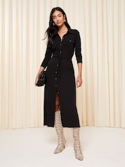 Friends Like These Black Petite Belted Textured Long Sleeve Midi Shirt Dress - Image 1 of 4