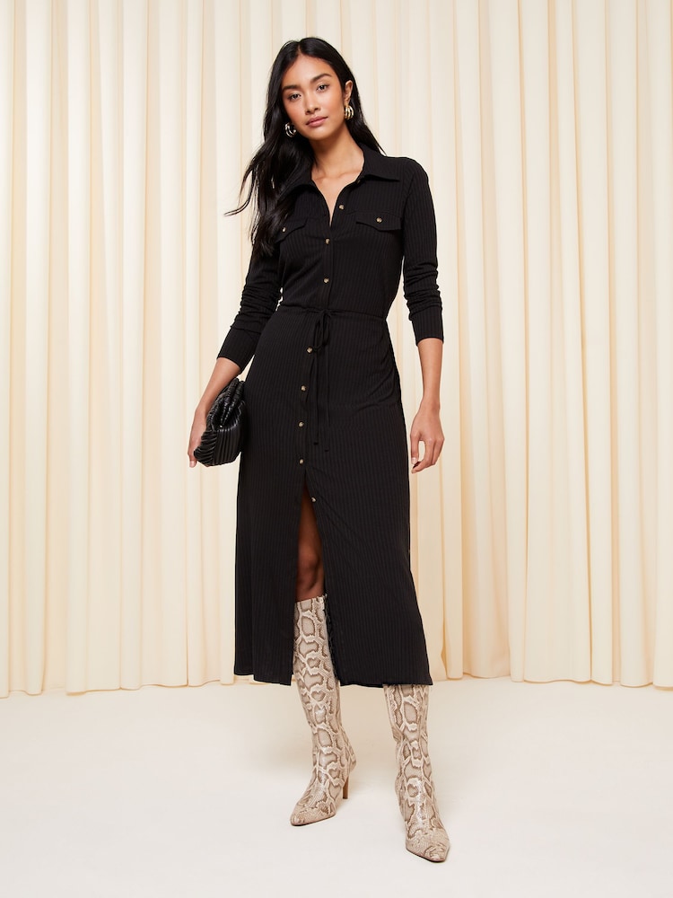 Friends Like These Black Petite Belted Textured Long Sleeve Midi Shirt Dress - Image 1 of 4