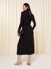Friends Like These Black Petite Belted Textured Long Sleeve Midi Shirt Dress - Image 4 of 4
