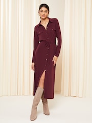 Friends Like These Burgundy Red Belted Textured Long Sleeve Midi Shirt Dress - Image 1 of 4