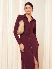 Friends Like These Burgundy Red Belted Textured Long Sleeve Midi Shirt Dress - Image 3 of 4