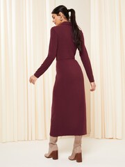 Friends Like These Burgundy Red Belted Textured Long Sleeve Midi Shirt Dress - Image 4 of 4