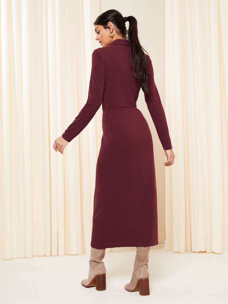 Friends Like These Burgundy Red Belted Textured Long Sleeve Midi Shirt Dress - Image 4 of 4