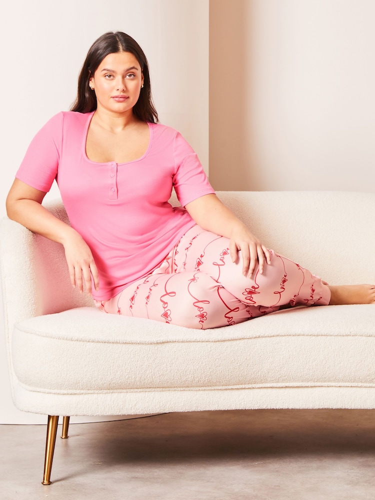 Lipsy Pink Printed Curve Jersey Henley Short Sleeve Pyjamas - Image 1 of 4