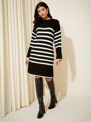 Friends Like These Black/White Striped Knitted Long Sleeve Jumper Dress - Image 1 of 4