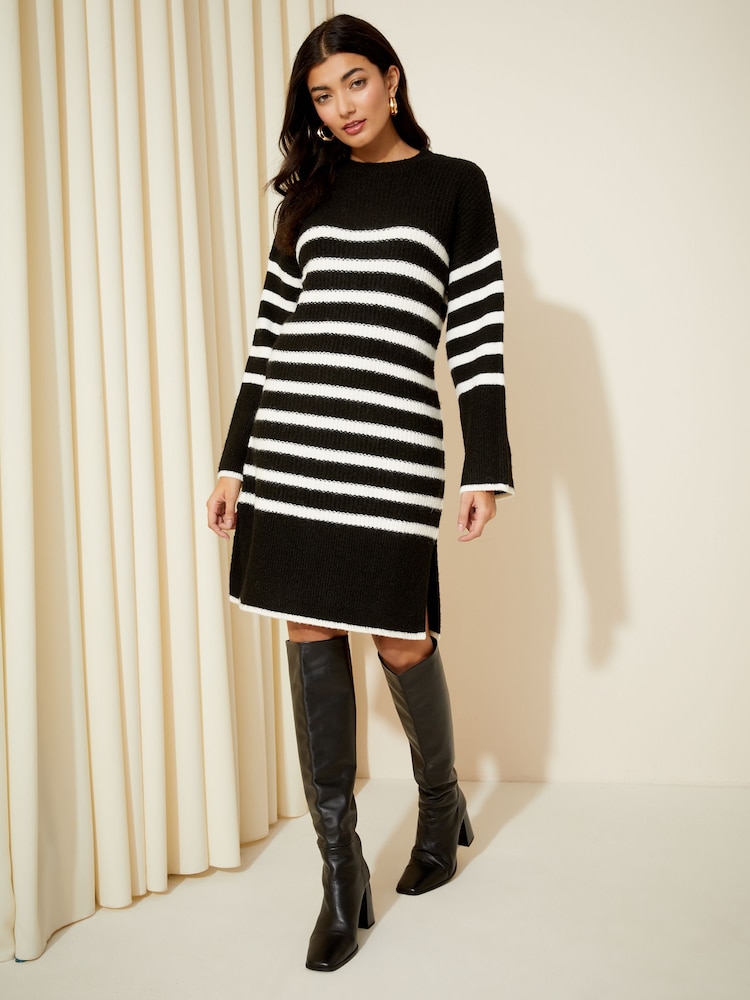 Friends Like These Black/White Striped Knitted Long Sleeve Jumper Dress - Image 1 of 4