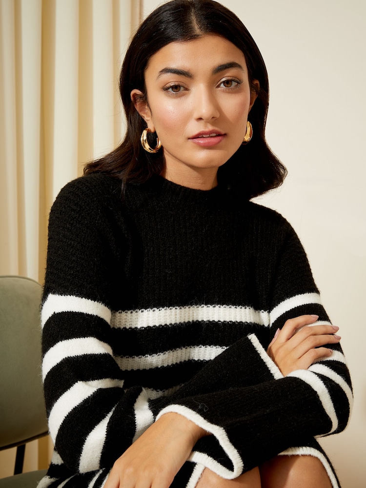 Friends Like These Black/White Striped Knitted Long Sleeve Jumper Dress - Image 2 of 4