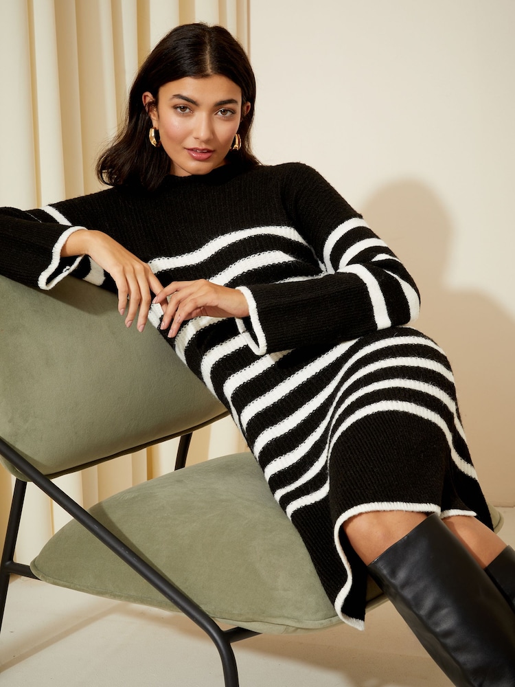 Friends Like These Black/White Striped Knitted Long Sleeve Jumper Dress - Image 3 of 4