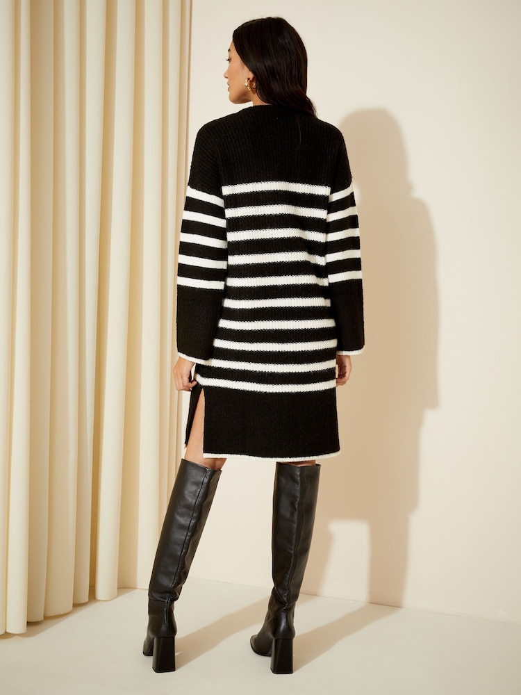 Friends Like These Black/White Striped Knitted Long Sleeve Jumper Dress - Image 4 of 4