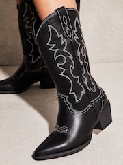 Lipsy Black Contrast Pull On Calf Pointed Western Cowboy Heel Boot - Image 1 of 2