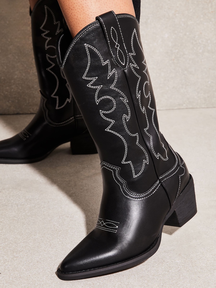Lipsy Black Contrast Pull On Calf Pointed Western Cowboy Heel Boot - Image 1 of 2