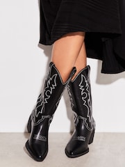Lipsy Black Contrast Pull On Calf Pointed Western Cowboy Heel Boot - Image 2 of 2
