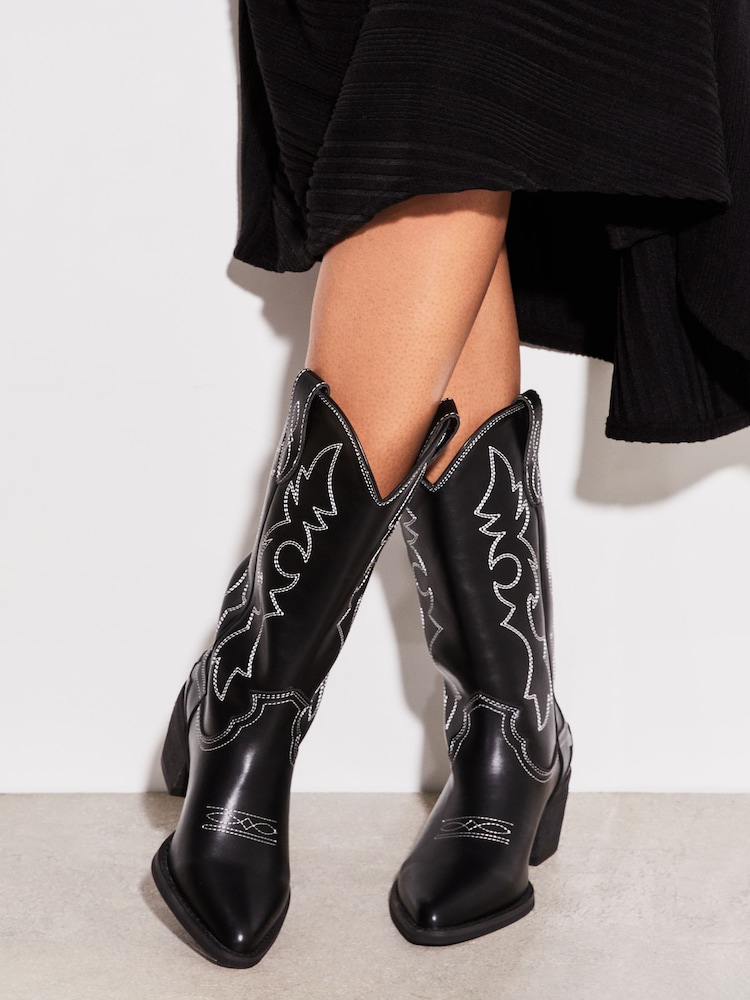 Lipsy Black Contrast Pull On Calf Pointed Western Cowboy Heel Boot - Image 2 of 2