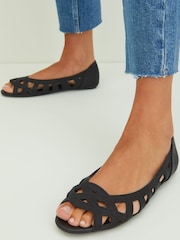 Friends Like These Black Wide Fit Peep Toe Cut Out Flat Ballerina - Image 1 of 4