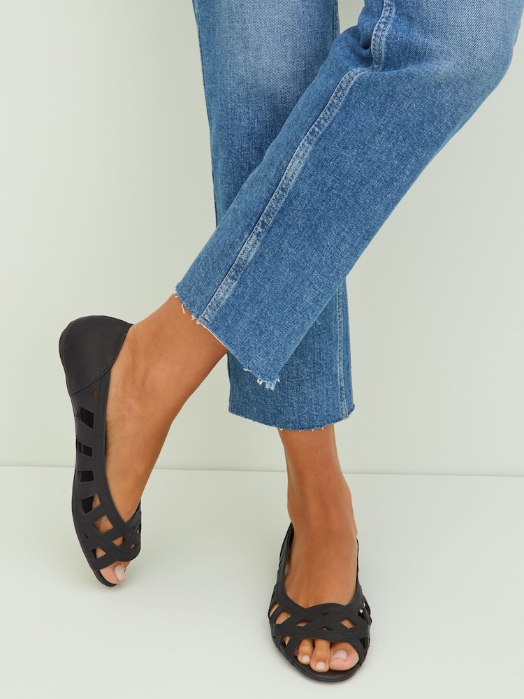 Friends Like These Black Wide Fit Peep Toe Cut Out Flat Ballerina - Image 2 of 4