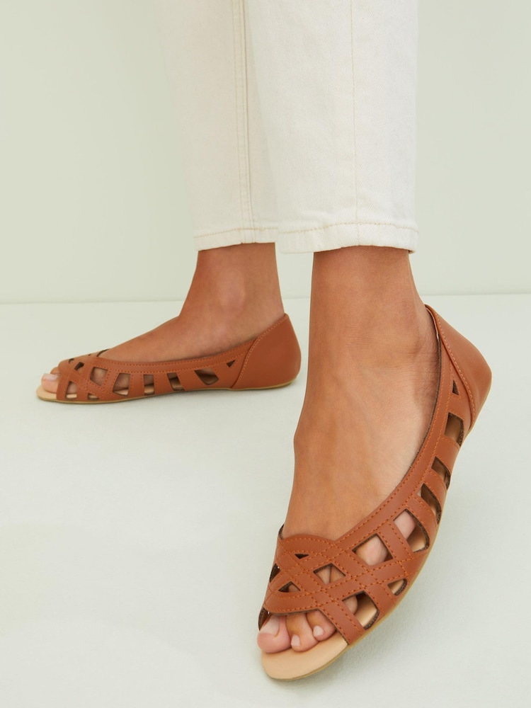 Friends Like These Brown Regular Fit Peep Toe Cut Out Flat Ballerina - Image 2 of 4