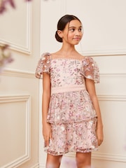 Lipsy Pink Embroidered Square Neck Occasion Dress (3-16yrs) - Image 1 of 4