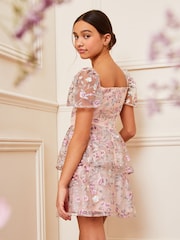 Lipsy Pink Embroidered Square Neck Occasion Dress (3-16yrs) - Image 4 of 4