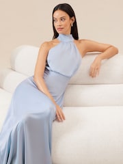 Lipsy Blue Halter Neck Empire Bridesmaid Satin Maxi Dress - Image 3 of 4