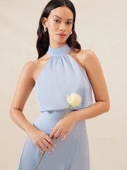 Lipsy Blue Halter Neck Empire Bridesmaid Satin Maxi Dress - Image 4 of 4