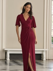 Lipsy Berry Red Short Sleeve V Neck Slinky Bridesmaid Dress - Image 1 of 4
