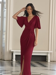 Lipsy Berry Red Short Sleeve V Neck Slinky Bridesmaid Dress - Image 3 of 4