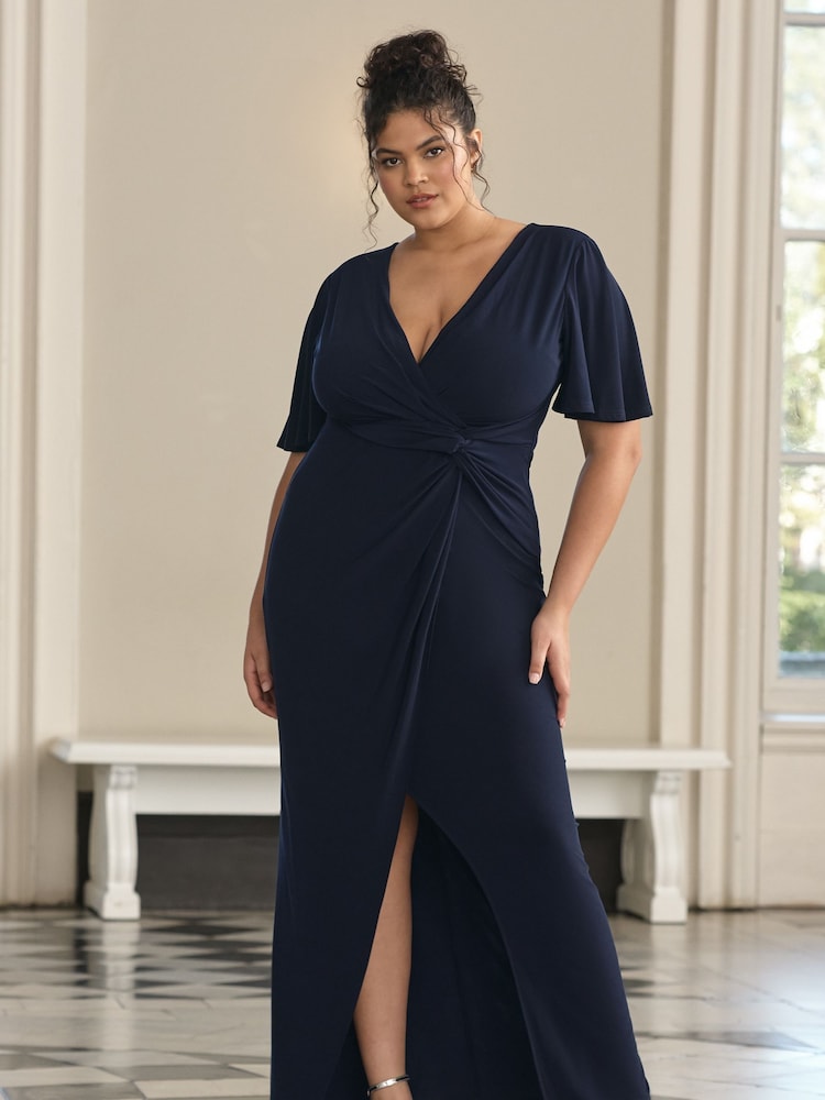 Lipsy Navy Blue Curve Short Sleeve V Neck Slinky Bridesmaid Dress - Image 1 of 4