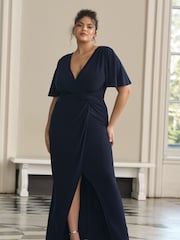 Lipsy Navy Blue Curve Short Sleeve V Neck Slinky Bridesmaid Dress - Image 4 of 4