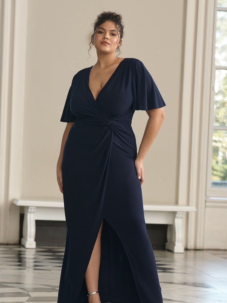 Lipsy Navy Blue Curve Short Sleeve V Neck Slinky Bridesmaid Dress - Image 4 of 4