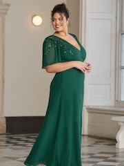 Lipsy Forest Green Flutter Sleeve Hand Embellished Bridesmaid Dress - Image 1 of 3