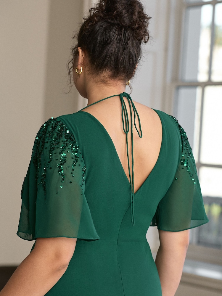 Lipsy Forest Green Flutter Sleeve Hand Embellished Bridesmaid Dress - Image 2 of 3