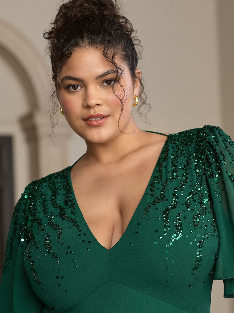 Lipsy Forest Green Flutter Sleeve Hand Embellished Bridesmaid Dress - Image 3 of 3 Lipsy Forest Green Flutter Sleeve Hand Embellished Bridesmaid Dress - Image 3 of 3