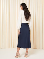 Friends Like These Navy Blue Satin Bias Midi Skirt - Image 2 of 4