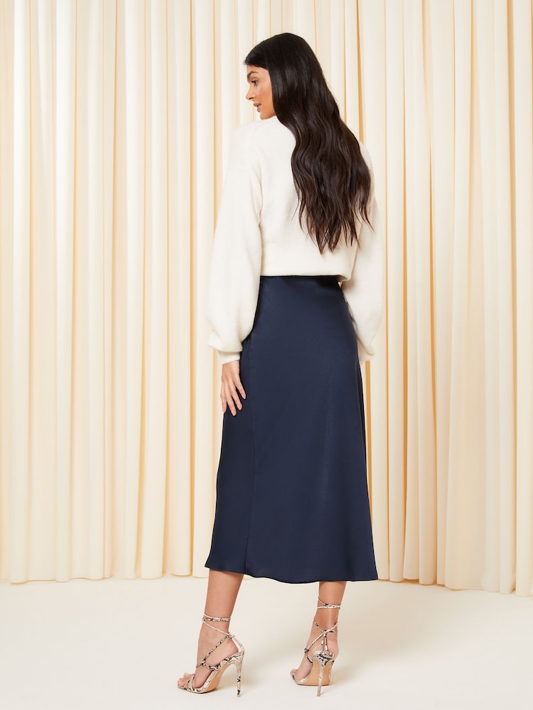 Friends Like These Navy Blue Satin Bias Midi Skirt - Image 2 of 4