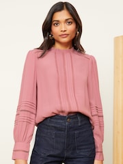 Love & Roses Rose Pink Long Sleeve Blouse With Central Pintuck Details - Image 1 of 4