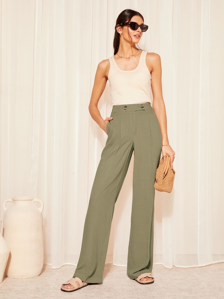 Friends Like These Khaki Green Wide Leg Trousers With Linen - Image 2 of 4 Friends Like These Khaki Green Wide Leg Trousers With Linen - Image 2 of 4