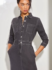 Lipsy Grey Denim Button Through Midi Dress - Image 3 of 4