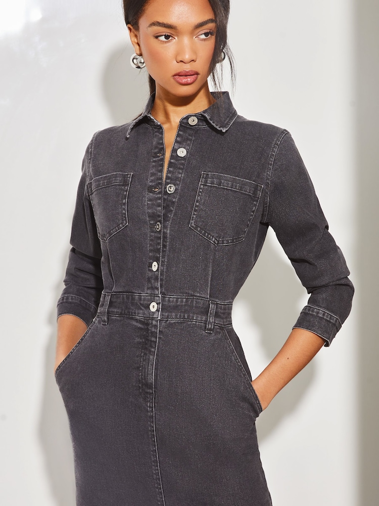 Lipsy Grey Denim Button Through Midi Dress - Image 3 of 4