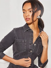Lipsy Grey Denim Button Through Midi Dress - Image 4 of 4