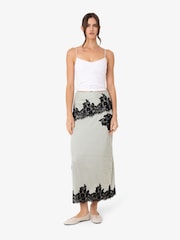 Amy Lynn Green Verona Stripe Satin Lace Contrast Maxi Skirt - Image 1 of 8