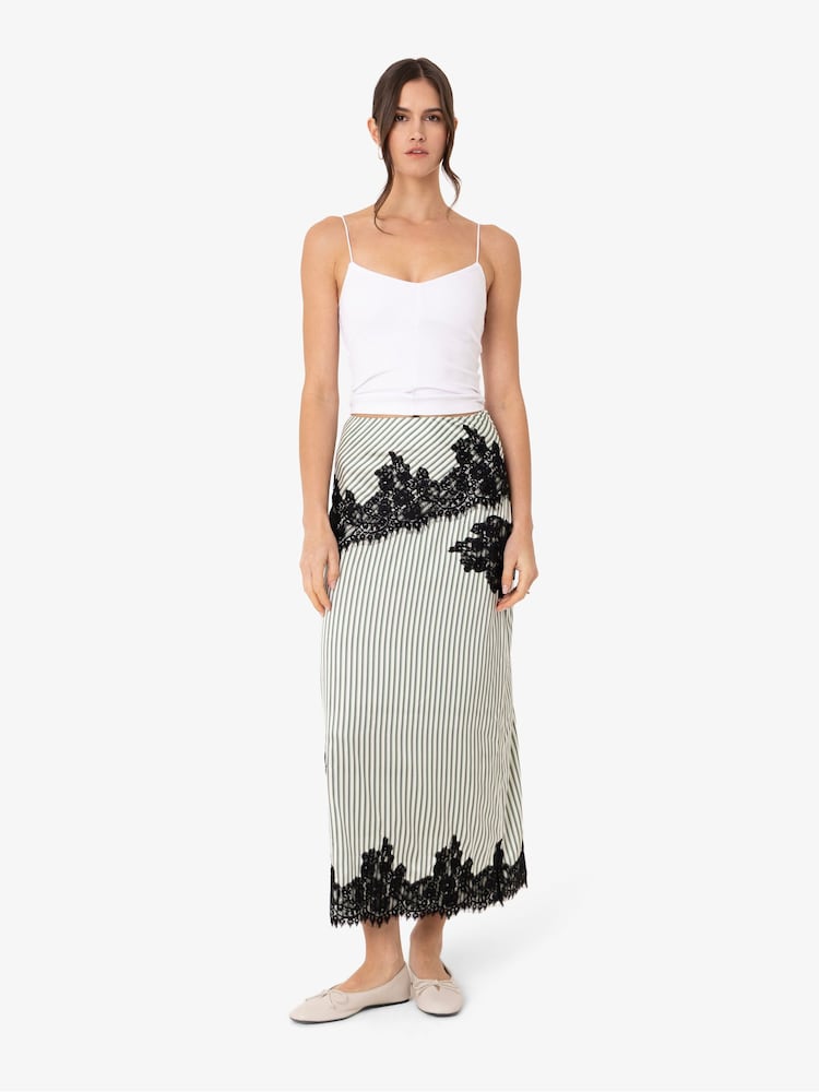 Amy Lynn Green Verona Stripe Satin Lace Contrast Maxi Skirt - Image 1 of 8