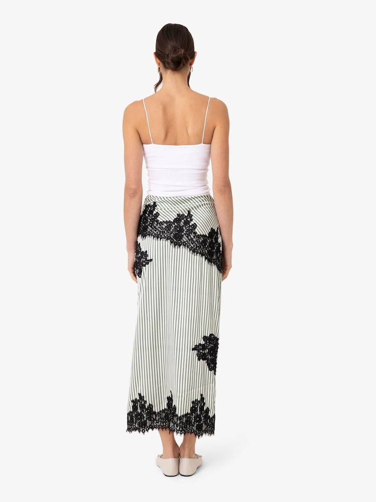 Amy Lynn Green Verona Stripe Satin Lace Contrast Maxi Skirt - Image 2 of 8