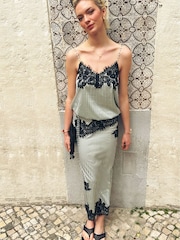 Amy Lynn Green Verona Stripe Satin Lace Contrast Maxi Skirt - Image 5 of 8